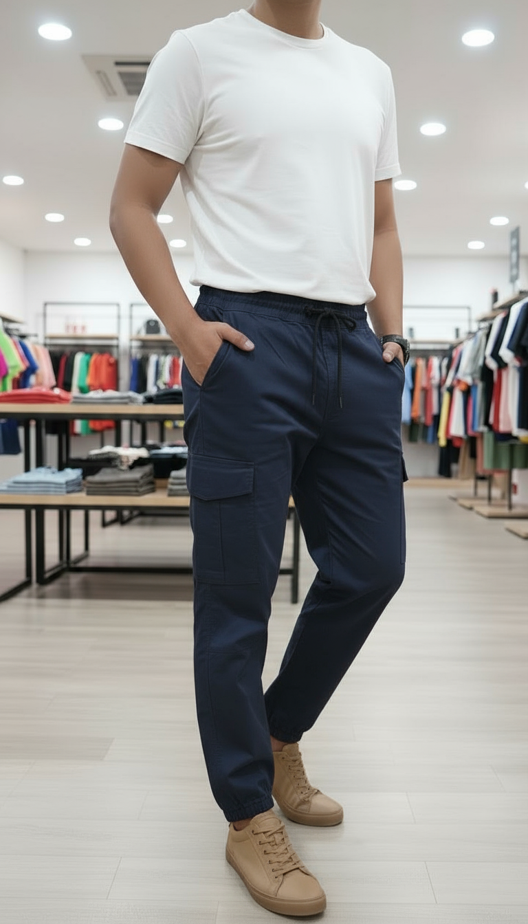 pantalon cargo toile bleu